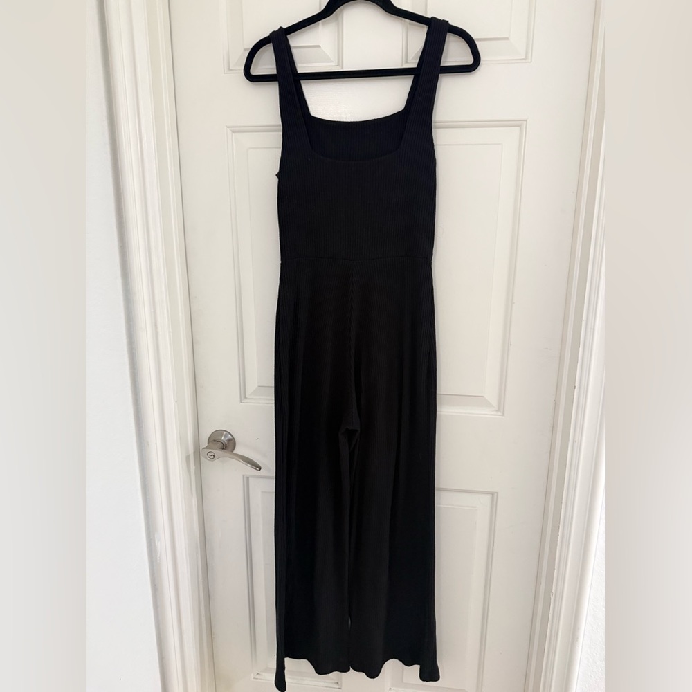 GAP true black ribbed soft square neck wide leg jumpsuit